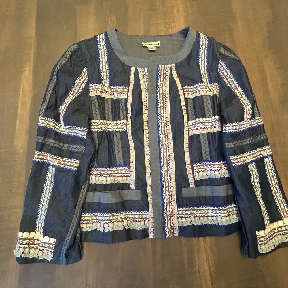 Anthropologie Embroidered Navy Jacket